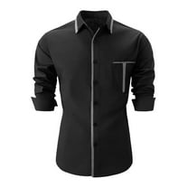VERUGU Mens Long Sleeve Dress Shirts Business Casual Turn-Down Collar Slim Solid Trendy Button Down Cardigan Tops with Pocket Black XL