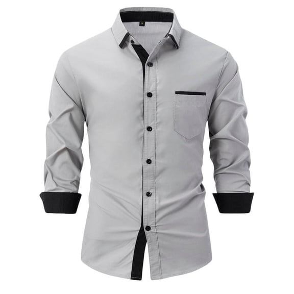 VERUGU Mens Long Sleeve Dress Shirts Business Casual Turn-Down Collar Slim Solid Trendy Button Down Cardigan Tops with Pocket Gray 3XL