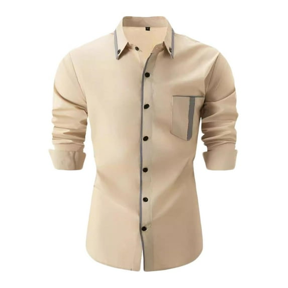 VERUGU Mens Long Sleeve Dress Shirts Business Casual Turn-Down Collar Slim Solid Trendy Button Down Cardigan Tops with Pocket Khaki M