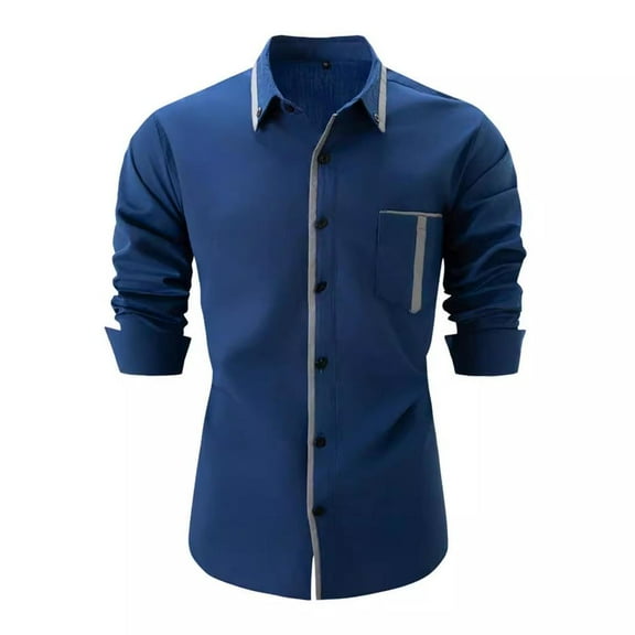 VERUGU Mens Long Sleeve Dress Shirts Business Casual Turn-Down Collar Slim Solid Trendy Button Down Cardigan Tops with Pocket Navy S