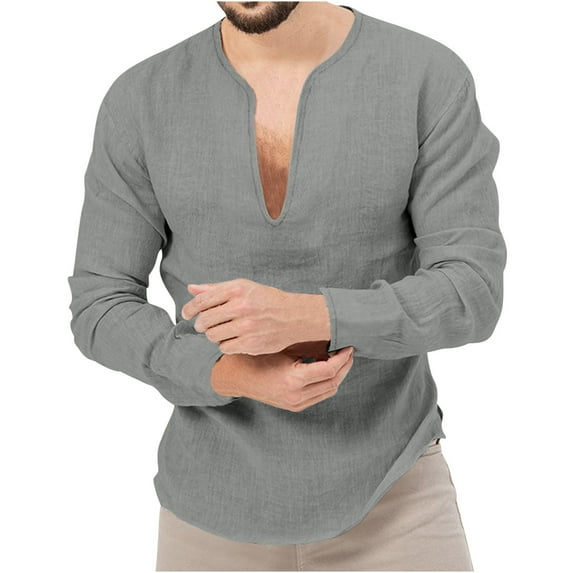 VERUGU Mens Shirt Lightweight Breathable Casual Fashion Solid Color Long Sleeve V-Neck Fit Summer Loose Comfortable Blouse Gray XL