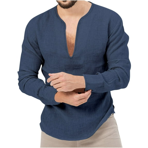 VERUGU Mens Shirt Lightweight Breathable Casual Fashion Solid Color Long Sleeve V-Neck Fit Summer Loose Comfortable Blouse Navy 3XL