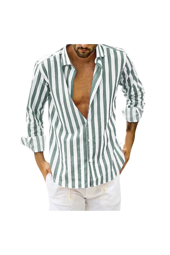 Mens Shirt Vertical Striped Print Lightweight Breathable Casual Fashion Fit Spring Autumn V-Neck Long Sleeve Button Blouse Green 5XL