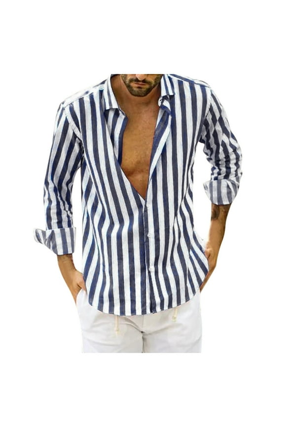 Mens Shirt Vertical Striped Print Lightweight Breathable Casual Fashion Fit Spring Autumn V-Neck Long Sleeve Button Blouse Navy XXL