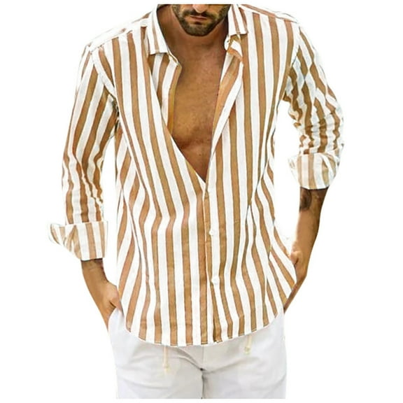 VERUGU Mens Shirt Vertical Striped Print Lightweight Breathable Casual Fashion Fit Spring Autumn V-Neck Long Sleeve Button Blouse Yellow L