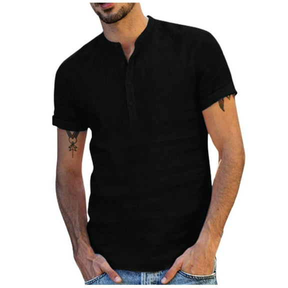VERUGU Mens Shirts Casual Baggy Cotton Linen Tops Solid Short Sleeve V-Neck Classic Comfortable Blouse Black XXL