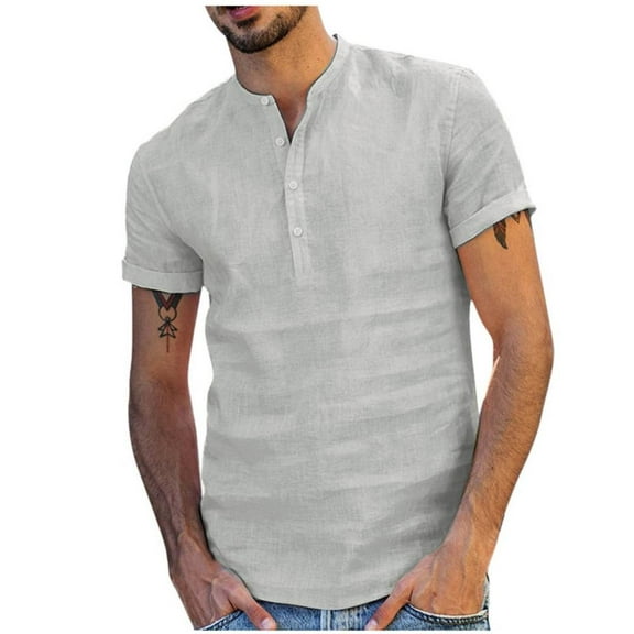 VERUGU Mens Shirts Casual Baggy Cotton Linen Tops Solid Short Sleeve V-Neck Classic Comfortable Blouse Gray 3XL