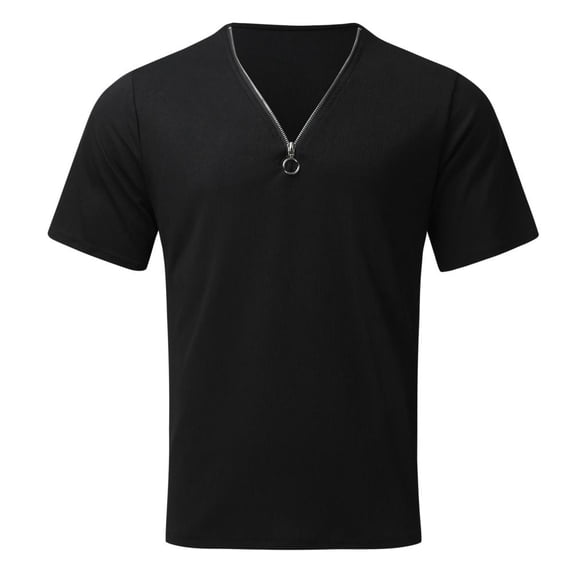 VERUGU Mens Shirts Casual Fashion Casual Slim Zipper V-neck Solid Color Short Sleeve T-Shirt Tops Blouse Black M