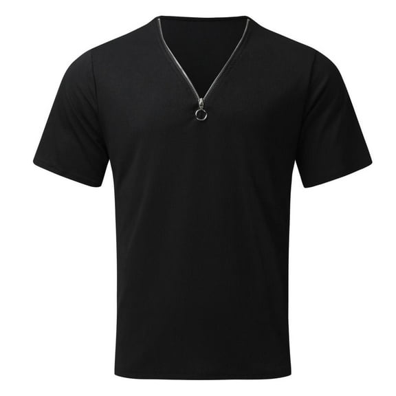 VERUGU Mens Shirts Casual Fashion Casual Slim Zipper V-neck Solid Color Short Sleeve T-Shirt Tops Blouse Black S