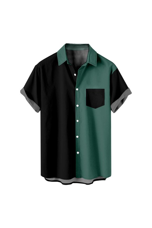 Mens Shirts Casual Fashion Patchwork Turndown Collar Printing Short Sleeve Have Pockets Button Shirt Tops Blouse Army Green S
