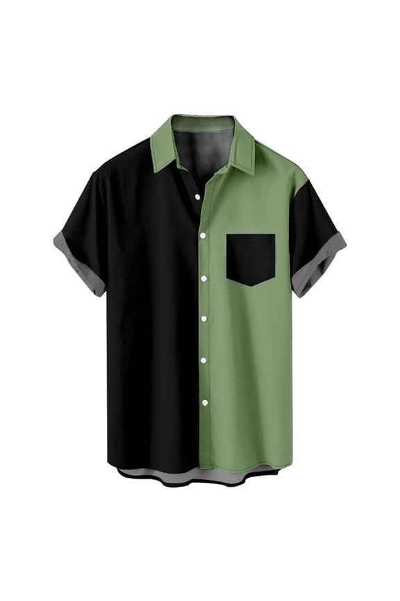 Mens Shirts Casual Fashion Patchwork Turndown Collar Printing Short Sleeve Have Pockets Button Shirt Tops Blouse Green 4XL