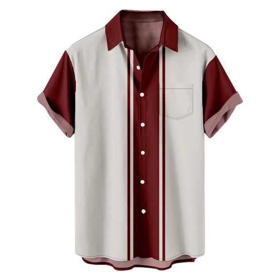 VERUGU Mens Shirts Casual Fashion Patchwork Turndown Collar Printing Short Sleeve Have Pockets Button Shirt Tops Blouse Wine M