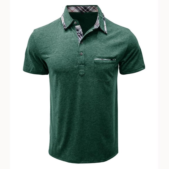VERUGU Mens Shirts Casual Fashion Short Sleeve Check Printing Turndown Collar Button Shirt Blouse Green S