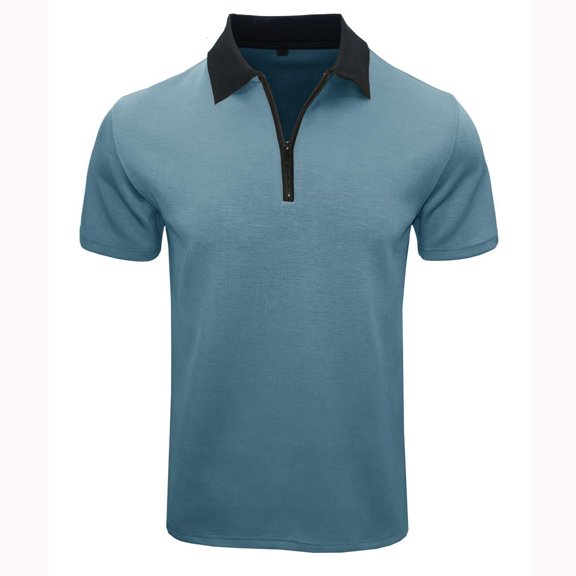 VERUGU Mens Shirts Casual Fashion Solid Color Short Sleeve Turndown Collar Zipper Shirt Blouse Blue M