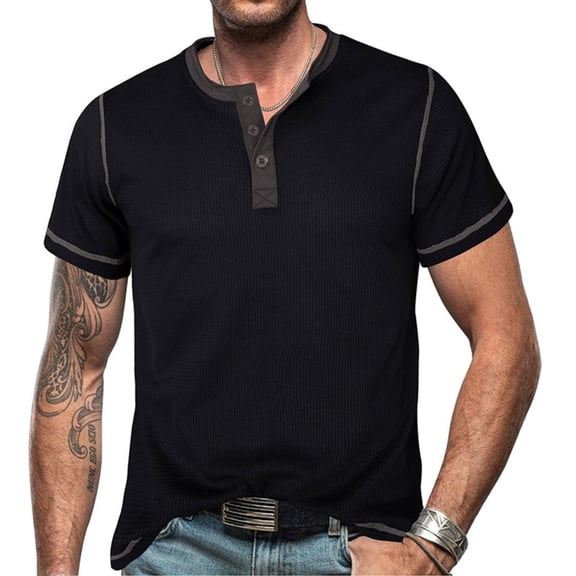 VERUGU Mens Shirts Casual Short Sleeve Casual Fashion Round Neck Pullover Buttons T-Shirt Blouse Black S
