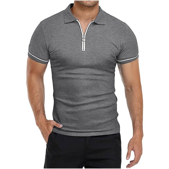 VERUGU Mens Shirts Casual Solid Turndown Pullover Patchwork Zipper Short Sleeve Blouse Dark Gray L