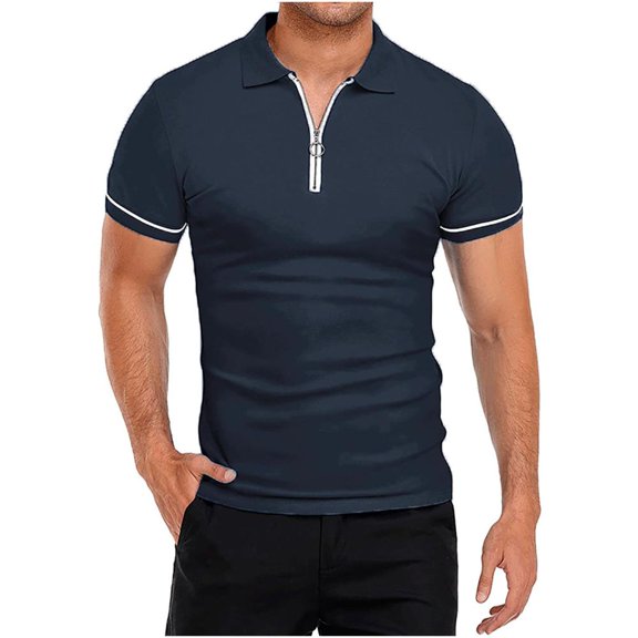 VERUGU Mens Shirts Casual Solid Turndown Pullover Patchwork Zipper Short Sleeve Blouse Navy 3XL