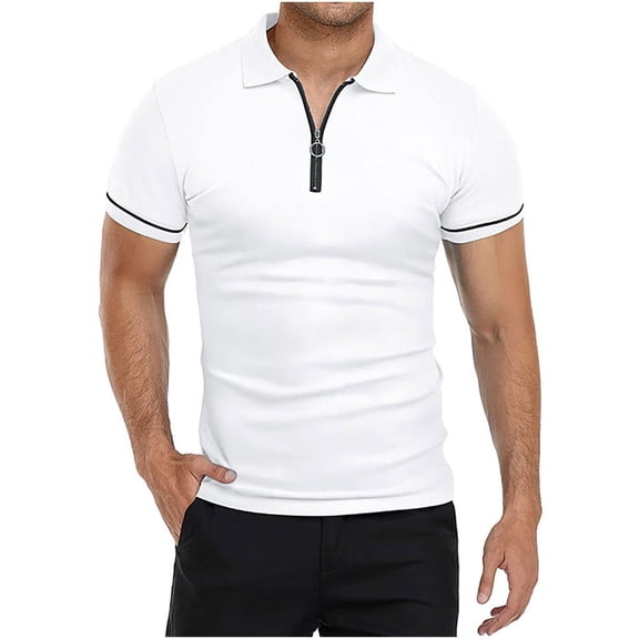 VERUGU Mens Shirts Casual Solid Turndown Pullover Patchwork Zipper Short Sleeve Blouse White S