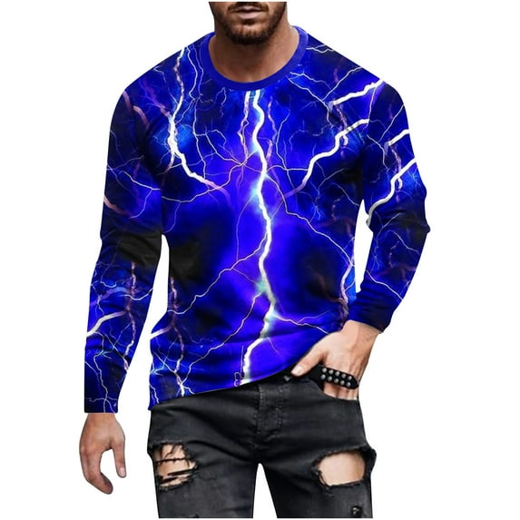 VERUGU Mens Shirts Fashion Gradient Color Print Long Sleeve Graphic Tee Outdoor Daily Round Neck T-Shirts Spring Fall Pullover Tops Blue M