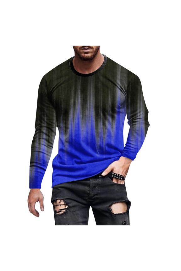 Mens Shirts Fashion Gradient Color Print Long Sleeve Graphic Tee Outdoor Daily Round Neck T-Shirts Spring Fall Pullover Tops Blue XL