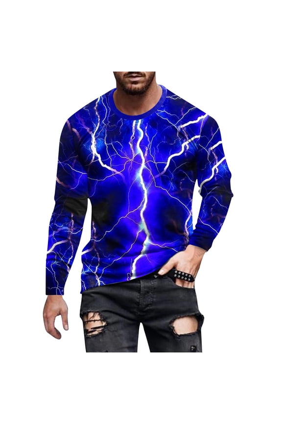 Mens Shirts Fashion Gradient Color Print Long Sleeve Graphic Tee Outdoor Daily Round Neck T-Shirts Spring Fall Pullover Tops Blue XL