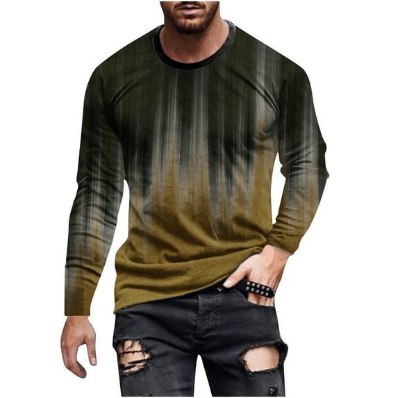 VERUGU Mens Shirts Fashion Gradient Color Print Long Sleeve Graphic Tee Outdoor Daily Round Neck T-Shirts Spring Fall Pullover Tops Brown 3XL