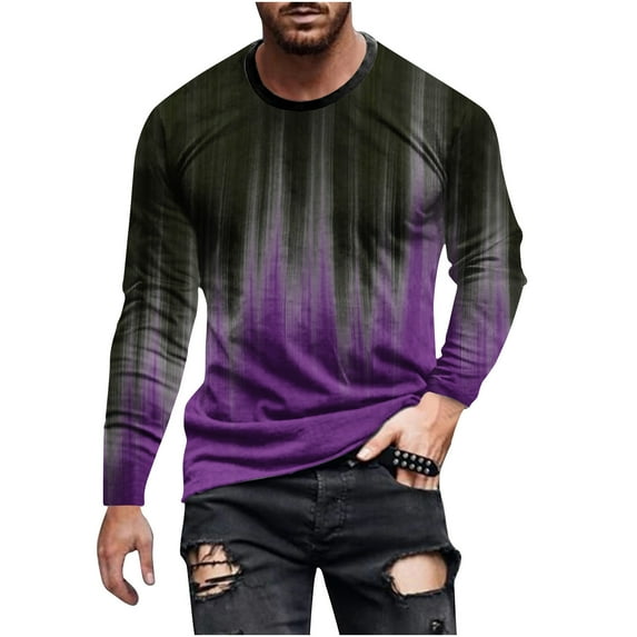 VERUGU Mens Shirts Fashion Gradient Color Print Long Sleeve Graphic Tee Outdoor Daily Round Neck T-Shirts Spring Fall Pullover Tops Purple S