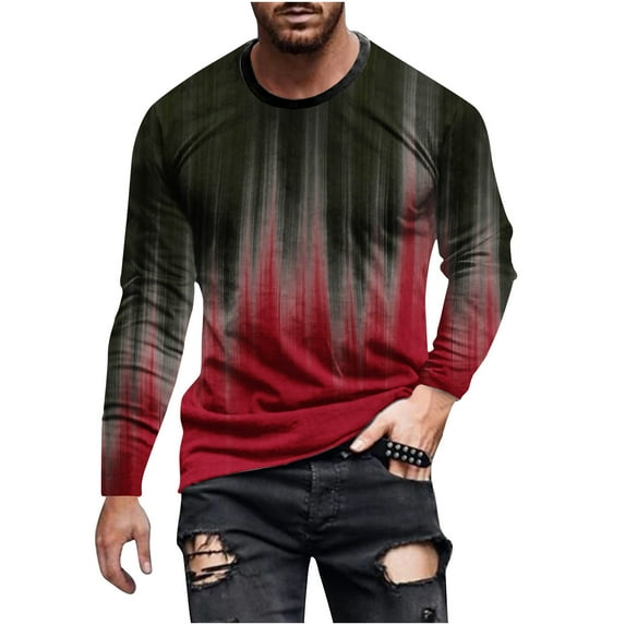 VERUGU Mens Shirts Fashion Gradient Color Print Long Sleeve Graphic Tee Outdoor Daily Round Neck T-Shirts Spring Fall Pullover Tops Red 3XL
