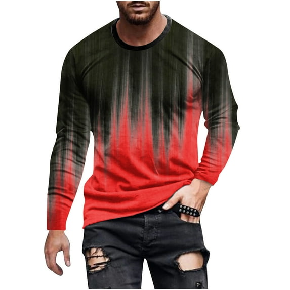 VERUGU Mens Shirts Fashion Gradient Color Print Long Sleeve Graphic Tee Outdoor Daily Round Neck T-Shirts Spring Fall Pullover Tops Watermelon Red M