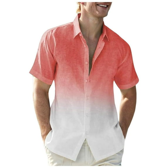 VERUGU Mens Shirts Fashion Gradient Color Turndown Collar Breathable Tops Short Sleeve Casual Comfortable Blouse Shirt Watermelon Red L