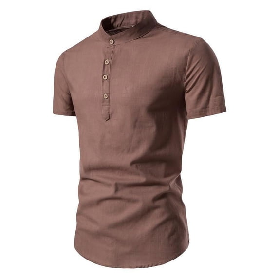 VERUGU Mens Summer Shirts Solid Fashion Casual Button Stand-up Collar Short Sleeve Blouse Shirt Coffee 4XL