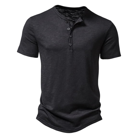 VERUGU Mens T-Shirts Casual Solid Pullover Summer Slim Short Sleeve Buttons Round Neck Sports Top Blouse Black L