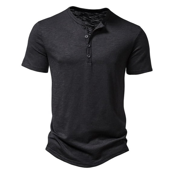 VERUGU Mens T-Shirts Casual Solid Pullover Summer Slim Short Sleeve Buttons Round Neck Sports Top Blouse Black M