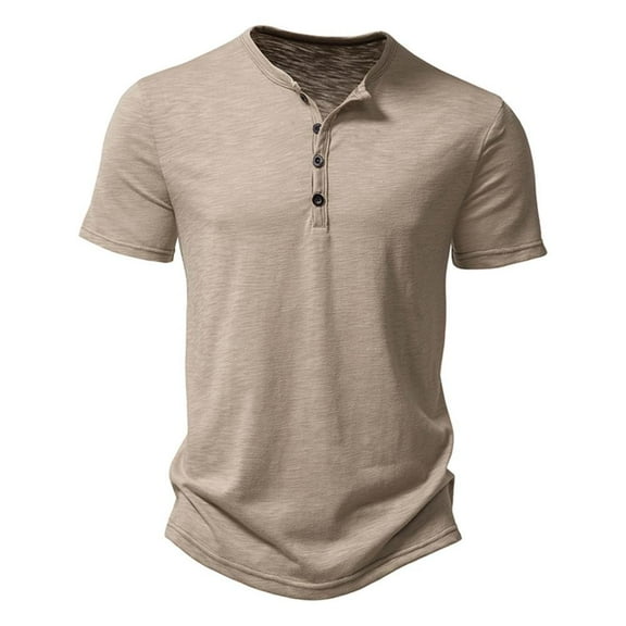 VERUGU Mens T-Shirts Casual Solid Pullover Summer Slim Short Sleeve Buttons Round Neck Sports Top Blouse Khaki M
