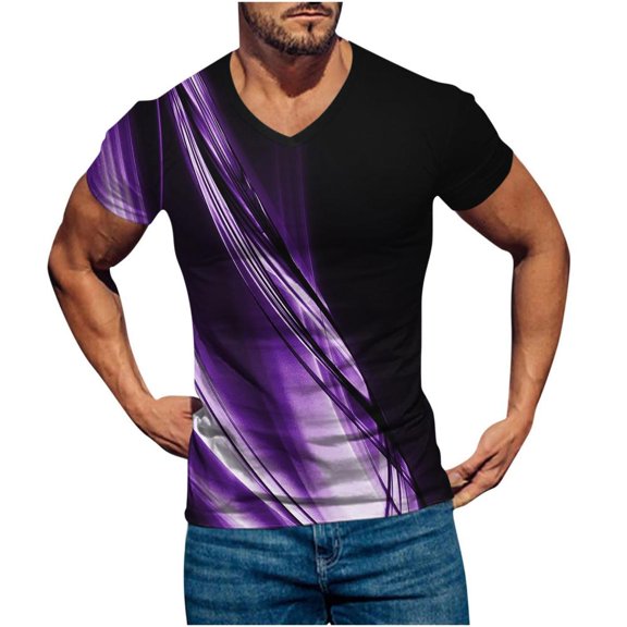 VERUGU Mens T-Shirts Casual V-neck Gradient Printing Pullover Fashion Fitness Sports Shorts Sleeve Tops Blouse Purple 5XL