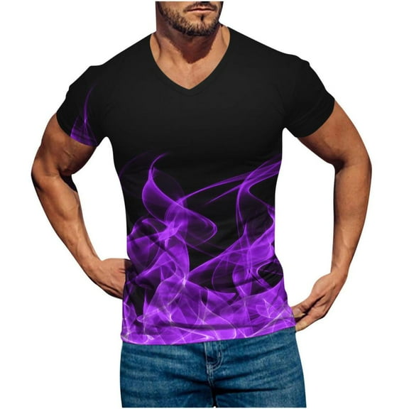 VERUGU Mens T-Shirts Casual V-neck Gradient Printing Pullover Fashion Fitness Sports Shorts Sleeve Tops Blouse Purple L