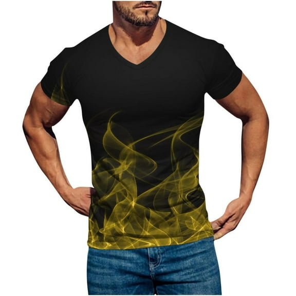 VERUGU Mens T-Shirts Casual V-neck Gradient Printing Pullover Fashion Fitness Sports Shorts Sleeve Tops Blouse Yellow M