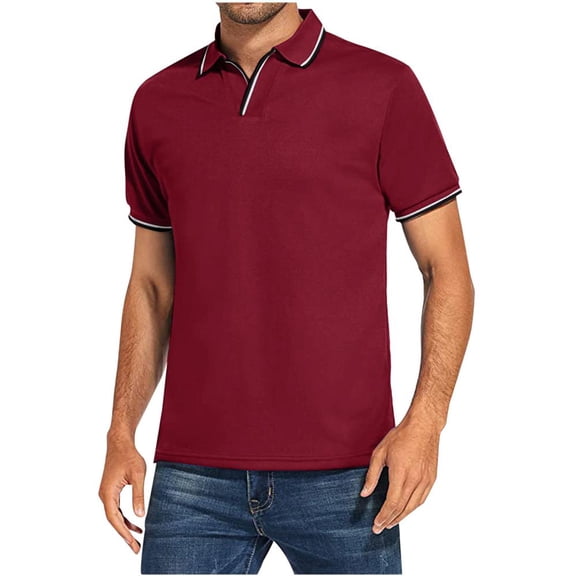 VERUGU Mens T-Shirts Fashion Casual Slim Turndown Collar Solid Color Short Sleeve T-Shirt Tops Blouse Wine S