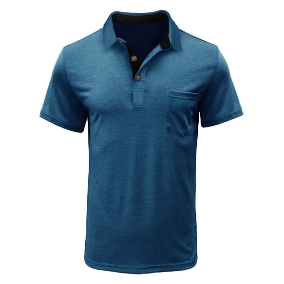 VERUGU Mens T-Shirts Short Sleeve Solid Casual Fashion Turndown Collar Pullover Buttons Tops Blouse Blue L