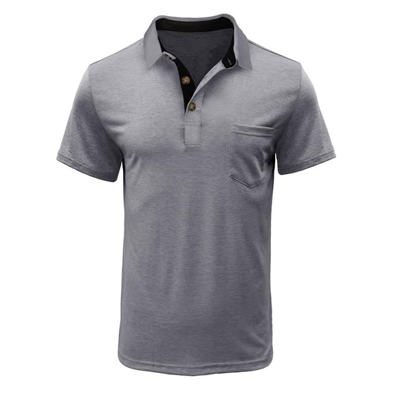 VERUGU Mens T-Shirts Short Sleeve Solid Casual Fashion Turndown Collar Pullover Buttons Tops Blouse Gray S