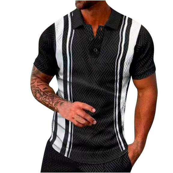 VERUGU Mens T-Shirts Summer Outfits Fashion Print Tops Casual Short Sleeve Buttons Turndown Collar Blouse Shirt Black M