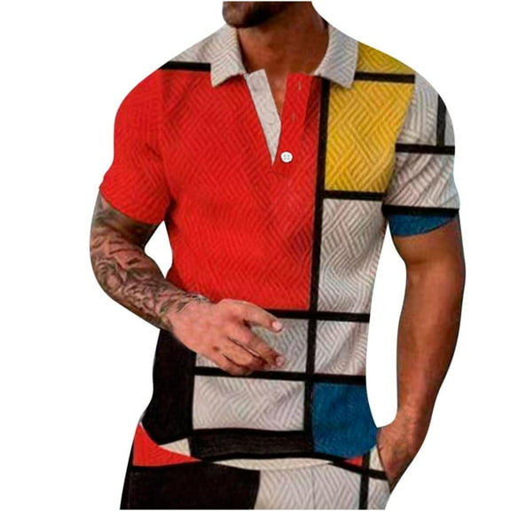 VERUGU Mens T-Shirts Summer Outfits Fashion Print Tops Casual Short Sleeve Buttons Turndown Collar Blouse Shirt Red XXL