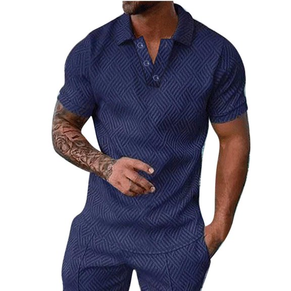 VERUGU Mens T-Shirts Summer Outfits Fashion Solid Tops Casual Short Sleeve Buttons Turndown Collar Blouse Shirt Dark Blue XXL