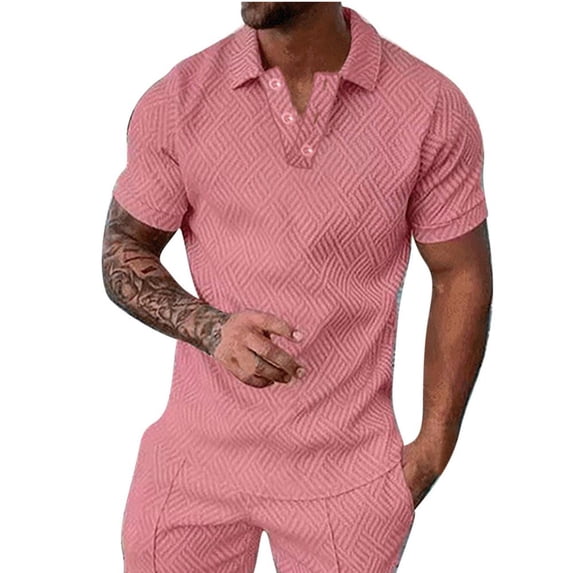 VERUGU Mens T-Shirts Summer Outfits Fashion Solid Tops Casual Short Sleeve Buttons Turndown Collar Blouse Shirt Pink 5XL