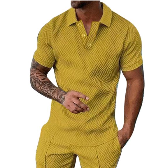 VERUGU Mens T-Shirts Summer Outfits Fashion Solid Tops Casual Short Sleeve Buttons Turndown Collar Blouse Shirt Yellow 3XL