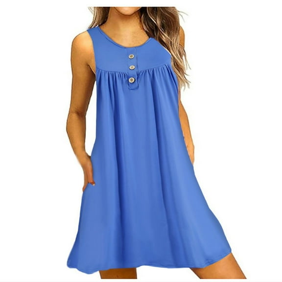 VERUGU Nightshirt for Women Sleeveless Sleepwear Nightgown V Neck Henley Tunic Tank Dress Casual Loungewear Loose Ruched Pajama Dress Light Blue S