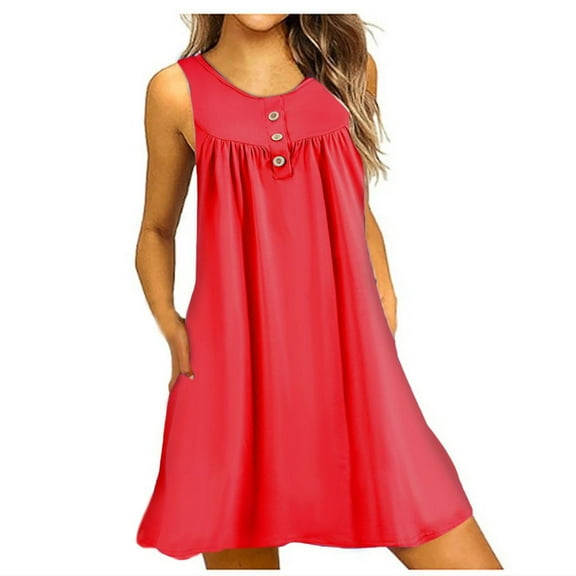 VERUGU Nightshirt for Women Sleeveless Sleepwear Nightgown V Neck Henley Tunic Tank Dress Casual Loungewear Loose Ruched Pajama Dress Red S