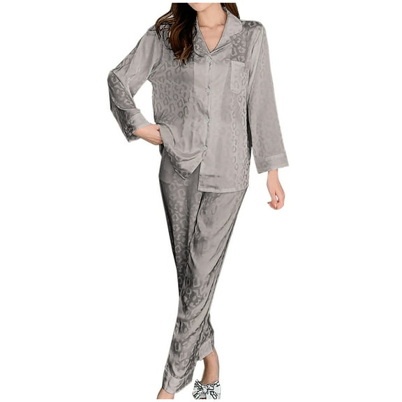 VERUGU Pajamas for Women Set Button Up Long Sleeve Silk Top with Pocket Long Pants 2 Piece Outfits Loungewear Nightwear Sleepwear