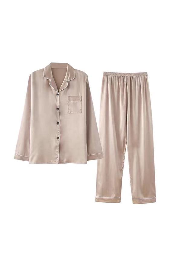 Pajamas for Women Set Button Up Satin Silk Long Sleeve Top with Pocket Wide-Leg Trousers 2 Piece Outfits Loungewear Sleepwear