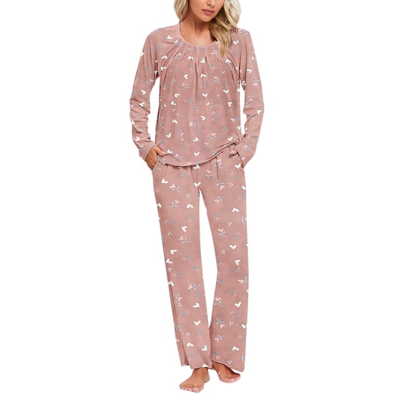 VERUGU Pajamas for Women Set Long Sleeve Pleated Top Long Pants with Pocket 2 Piece Outfits Loungewear Nightwear Sleepwear